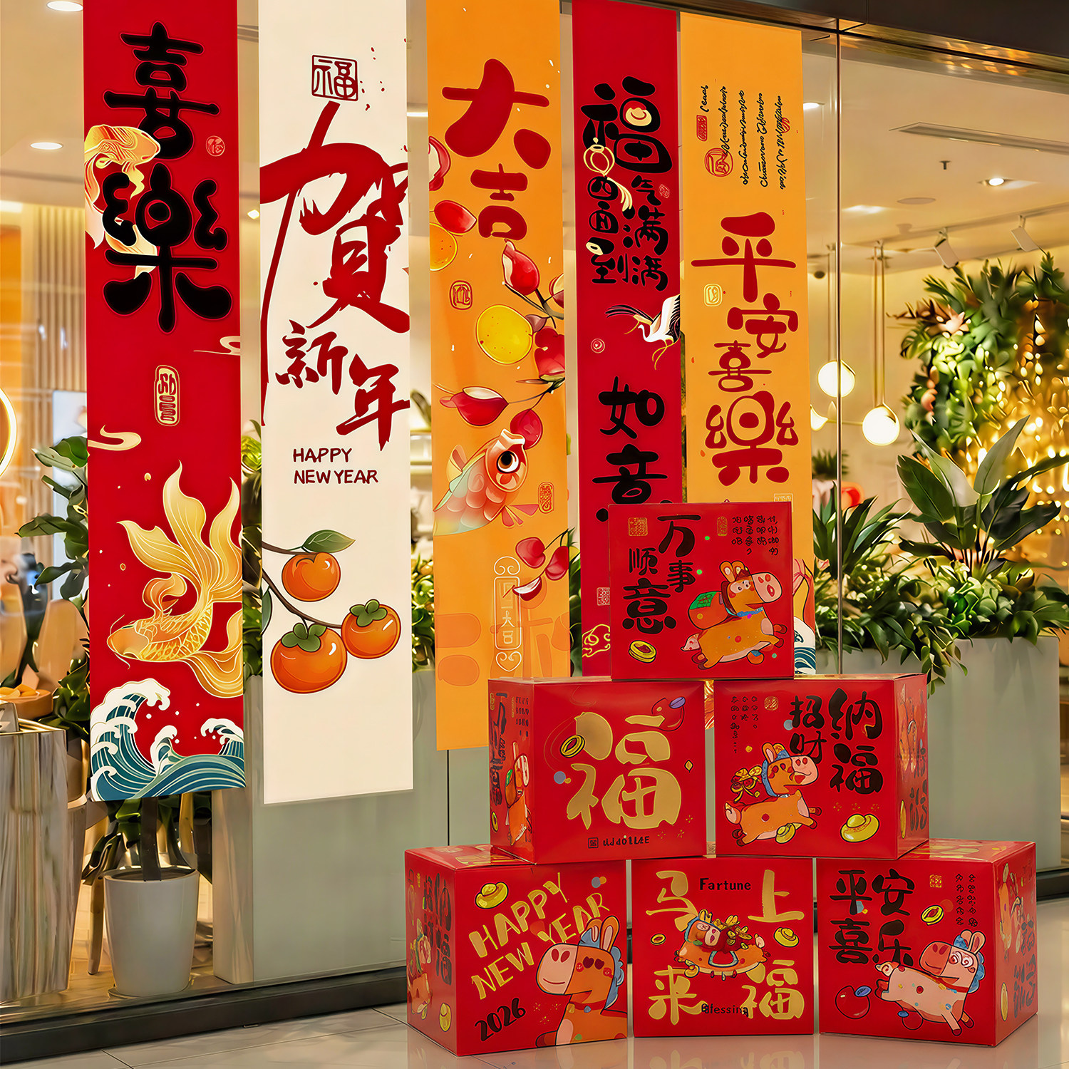 新年装饰春节店铺创意礼盒推头摆件商场门店活动场景氛围布置装饰,淘宝优惠券,粉丝福利购,淘宝优惠卷