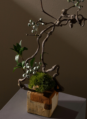 仿真花日式粗陶艺术小方瓶陶瓷插花器茶K室客厅摆件乔迁送礼装饰