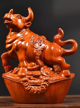 速发红花梨木牛摆件十二生肖牛装木办居客厅电视柜家公实饰红木工