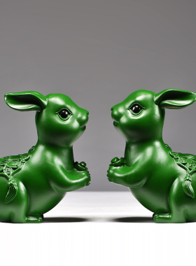 绿色木雕刻兔子摆件三合十二生肖实木兔家居客厅新居装饰工艺礼品