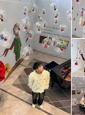 玫瑰星球吊顶网红打卡墙假花店铺装饰布置拍照道具摆件节日店铺