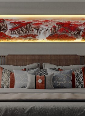 网红鸿运当头装饰画带灯新中式壁画床头发光挂画山水卧室沙发背景