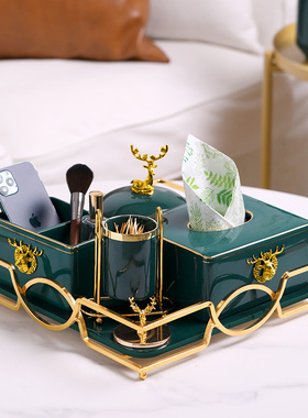 陶瓷客厅装饰品样板间摆件茶x几托盘套装轻奢家居美式纸巾盒收纳