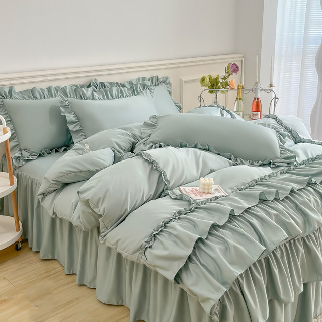 Nantong home solid color princess style quilt cover sheet bed skirt four-piece set cotton washing cotton internet celebrity style winter