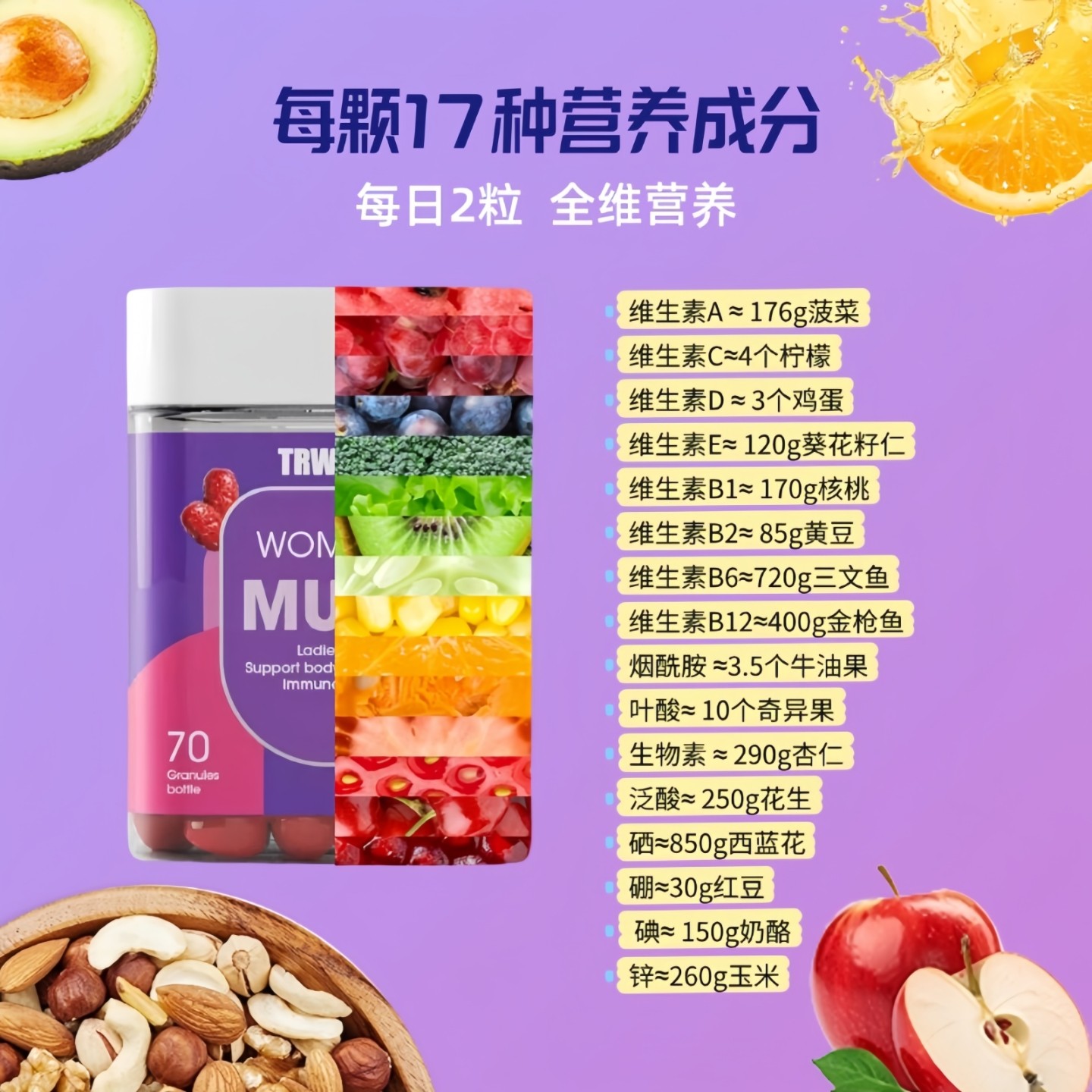 新西兰进口TRWEKU女性复合维生素软糖女士多维c美颜护发护甲70粒1