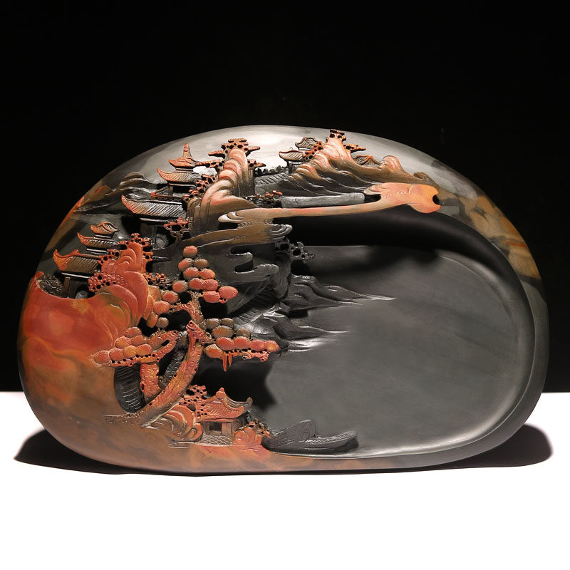 非遗安徽歙砚高档手工立体浮雕山水大砚台济源坑鱼卵金晕天然原石,淘宝优惠券,粉丝福利购,淘宝优惠卷