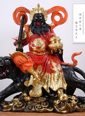 速发公脂彩绘武财神赵公明财像古铜骑虎五路神神佛像黑脸红脸赵树