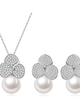 三叶草珍珠项链休闲耳饰套装