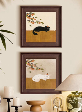 中古风猫咪客厅装饰画法式复古桌面摆画慵懒风治愈系咖啡厅方形画