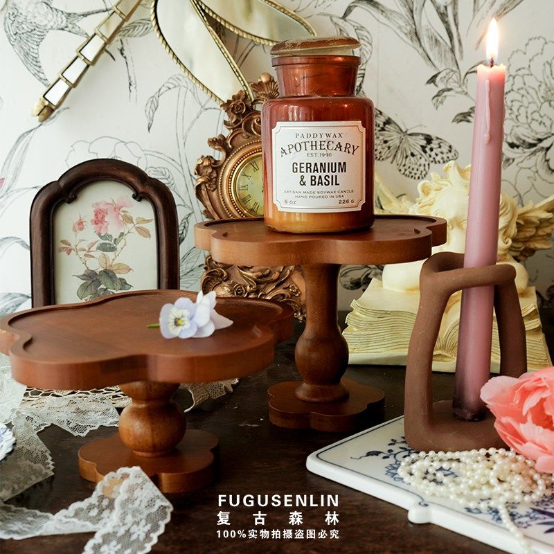 复古森林花朵形木质高脚托盘甜品盘下午茶蛋糕香薰蜡烛饰品托盘,淘宝优惠券,粉丝福利购,淘宝优惠卷