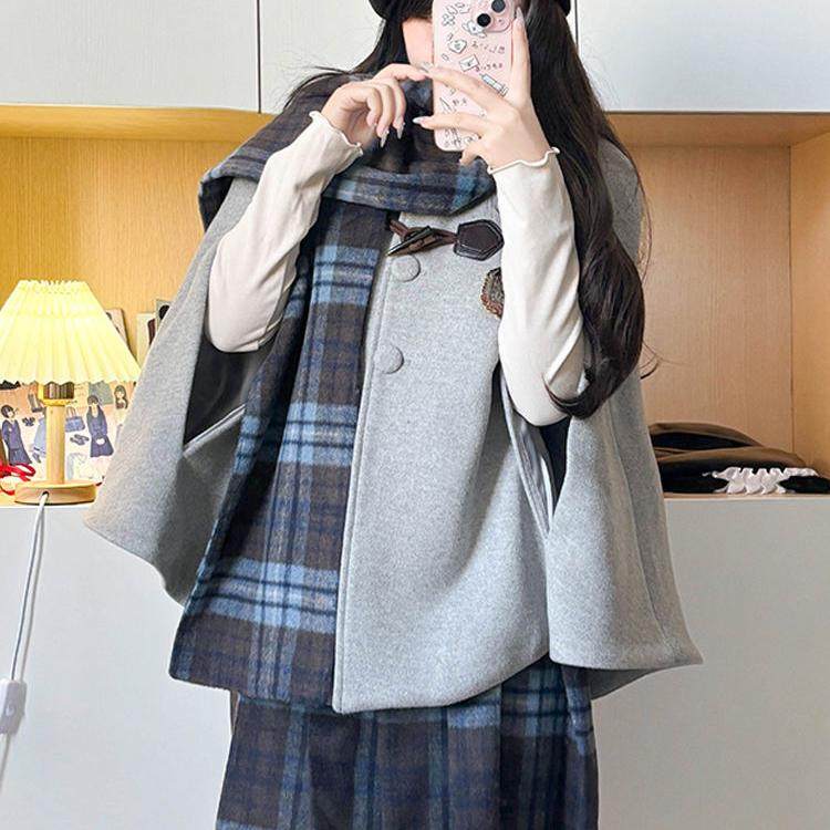 JK制服毛呢斗篷套装女秋冬2025新款时尚蓝格子披风围巾领毛呢外套,淘宝优惠券,粉丝福利购,淘宝优惠卷