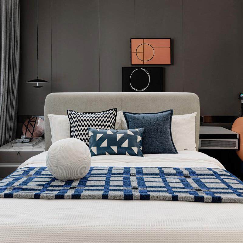 现代简约样板间软装床品男孩卧室儿童房蓝色系床搭毯床旗抱枕套件,淘宝优惠券,粉丝福利购,淘宝优惠卷