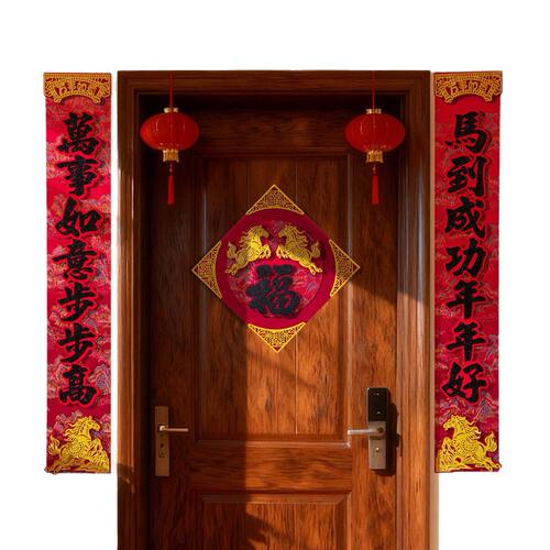 新款档丝绸对联2026马年春节端植绒布自带背胶入户门福字门联 - 图3