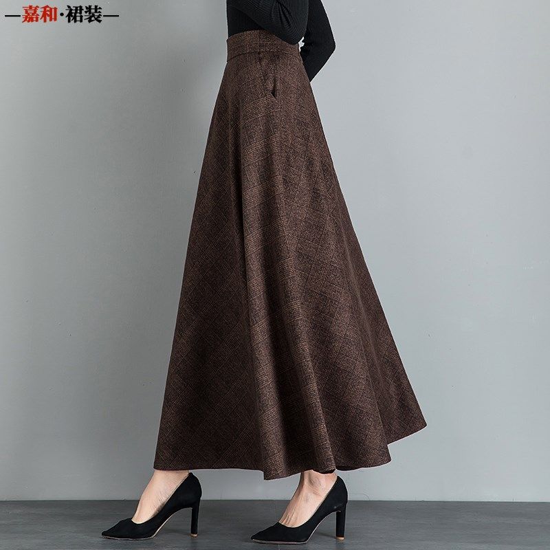 新款春秋毛呢格子半身裙长款大摆裙子女高腰A字显瘦长裙大码舞裙,淘宝优惠券,粉丝福利购,淘宝优惠卷