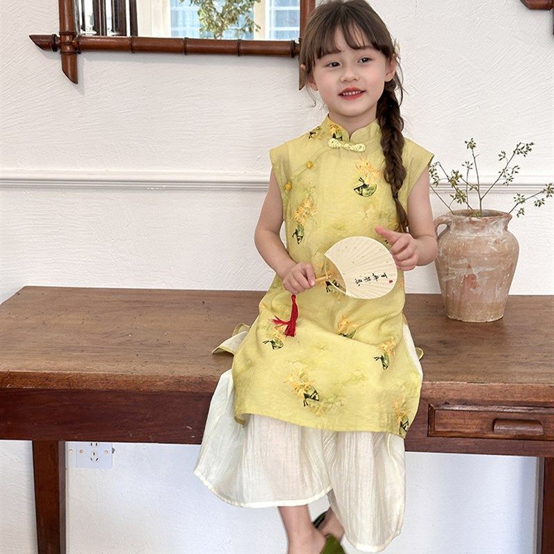 夏季新款女童新中式汉服套装儿童宝宝旗袍裙+盘扣衬衫+雪纺阔腿裤 - 图1