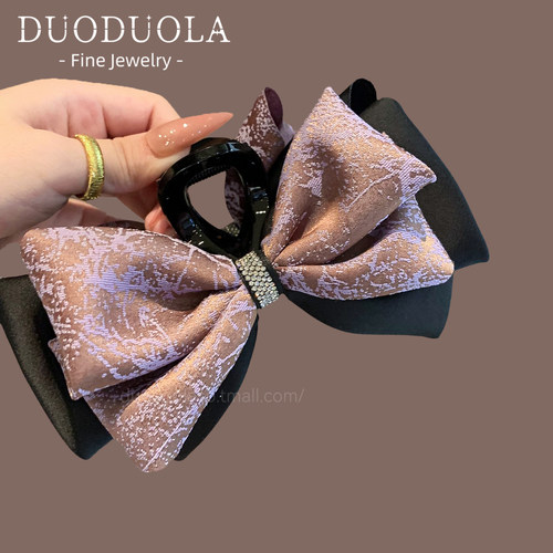 复古高级感缎面蝴蝶结抓夹女后脑勺水钻鲨鱼夹发饰盘发夹发抓简约 - 图2