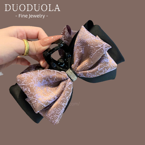 复古高级感缎面蝴蝶结抓夹女后脑勺水钻鲨鱼夹发饰盘发夹发抓简约 - 图0