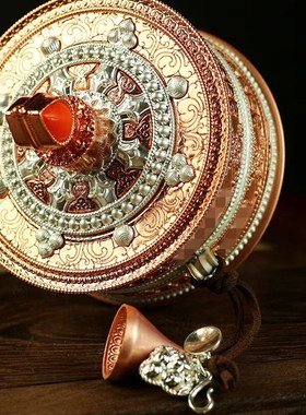 新款藏式纯铜手摇转动桶六字大白伞手摇转金轮家用浮雕八吉祥摆件