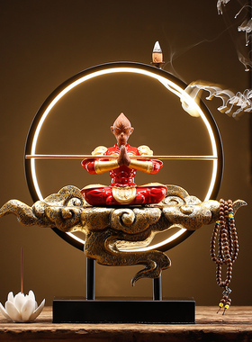 禅意灯圈齐天大圣孙悟空中式摆件迎客松客厅玄关装饰斗战胜佛茶台