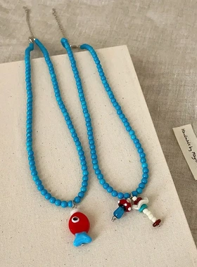 彩色多巴胺小鱼蘑菇吊坠蓝色串珠项链女萌趣可爱百搭颈链锁骨链