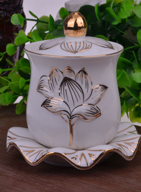 速发圣水杯白玉描水莲花供水杯圣水杯大悲子供佛杯水观音金杯佛具