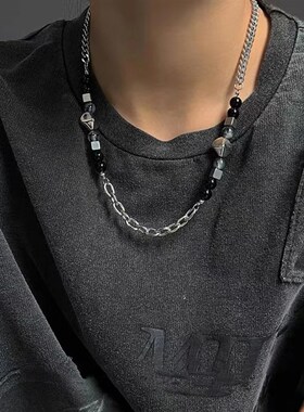 极速Titanium steel black agate hip hop collarbone necklace m