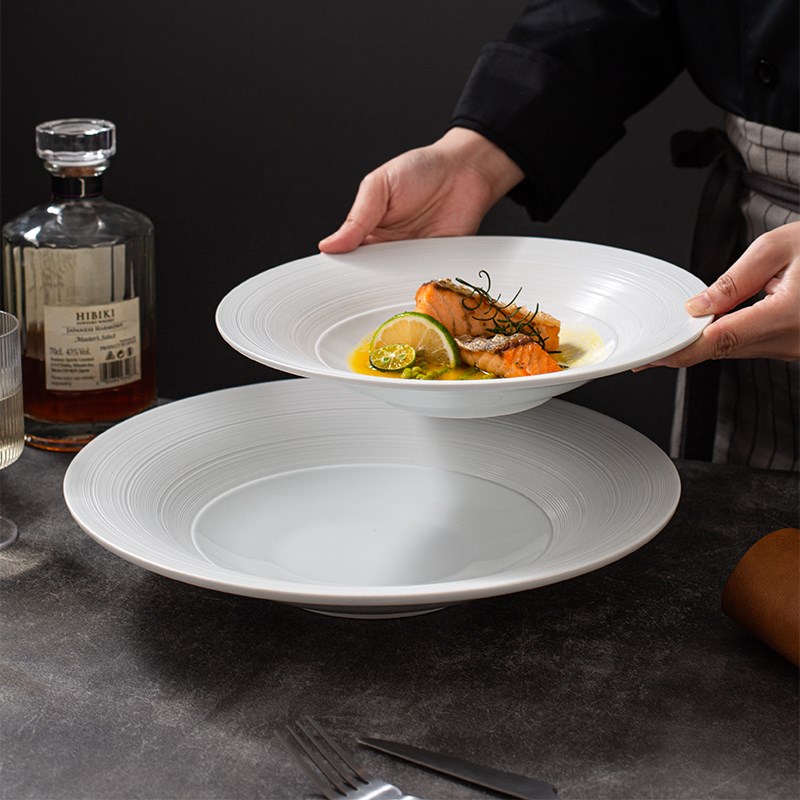 线纹《维宝大圆碗》白色陶瓷盘子菜盘西餐意面盘汤盘酒店餐具 - 图0
