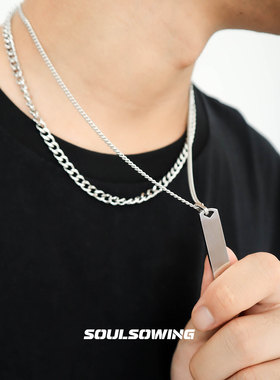 项链男款钛钢方条几何吊坠小众设计高级感潮流痞帅双层叠戴不掉色