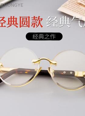太阳镜眼镜复古框水晶墨镜圆形石头圆天然目无竹叶石青清凉养护男