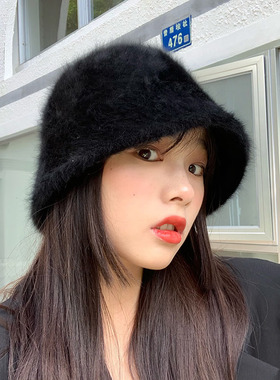 Hat winter womens fashion Solid color rabbit fur hat bucket