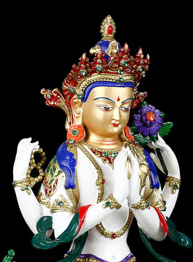 四臂观音佛像密宗纯铜居家供奉摆件手工彩绘客厅用观世音菩萨佛像