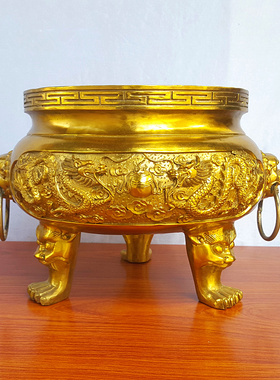 极速纯铜香炉摆件黄铜铸造双龙戏珠三足圆炉聚宝盆家居饰品工艺品