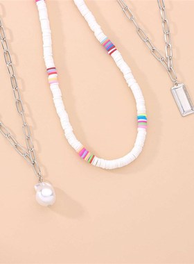 Punk style pearl pendant alloy geometric square Necklace wom