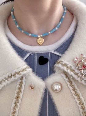 欧美2023春季新款爱心吊坠博主推荐蓝色天然石淡水珍珠项链锁骨链