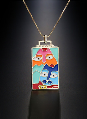 澳古 跨境 欧美铜微镶锆石滴油饰品 个性画像项链毛衣链