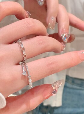 戒指女洋气精致甜美爱心珍珠锆石小众设计开口可调节高级感食指戒