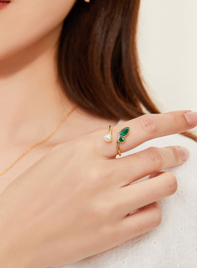 不规则开口戒指女ins几何型微镶孔雀石时尚气质潮手饰戒指
