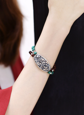 凤穿牡丹手链女纯银文艺复古银饰小叶紫檀孔雀石混合diy创意手串