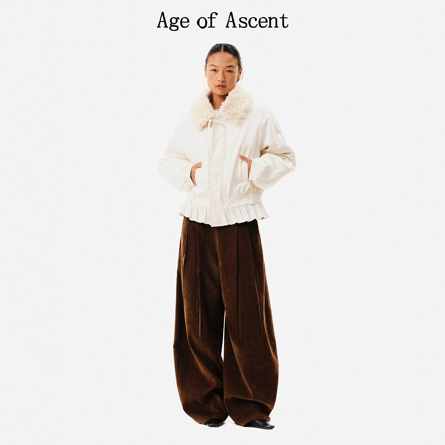 Age of Ascent 城市御冬压褶收腰荷叶边可拆卸毛领宽松棉服外套 - 图0