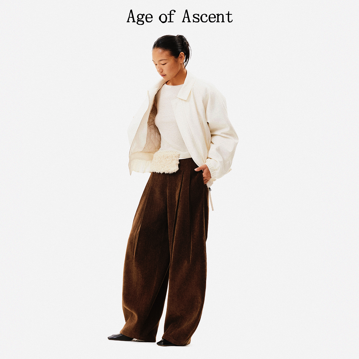 Age of Ascent 城市御冬压褶收腰荷叶边可拆卸毛领宽松棉服外套 - 图3