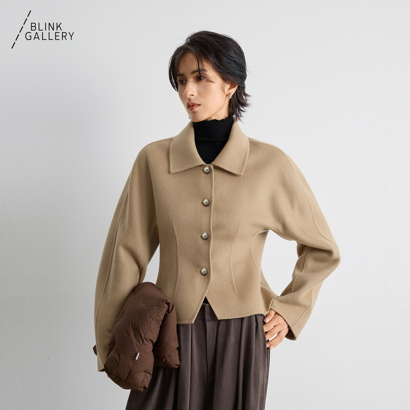 BLINK/进口頂奢羊毛羊绒爆款箱型收腰短上衣细腻翻领双面呢外套 - 图1
