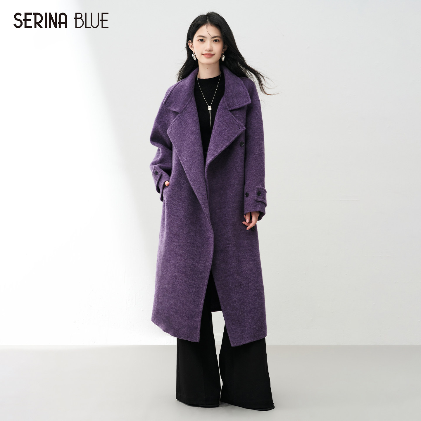 SeRina Blue2025年冬季新款紫色气质高端羊毛双面呢大衣女士外套