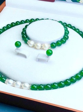 珍珠项链玉髓妈妈母亲节链套装淡水礼物手链天然绿玛瑙颈链圆女送