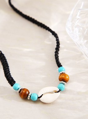 Chain Necklace复古手工编织锁骨链绿松石项链民族风贝壳项链颈链