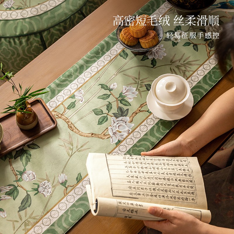 极速新中式长条桌布茶室茶旗美式复高级感轻奢桌旗五斗柜盖布翠玉 - 图3