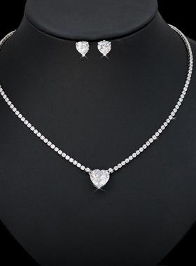 项链锆石爱心锁骨链钻高级水晶饰品套装时尚新款女2022日韩耳环感
