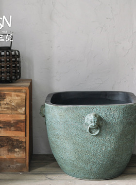 速发复古陶瓷仿件缸大花盆鱼缸落地摆古庭泡园林粗陶手工泡院釉狮