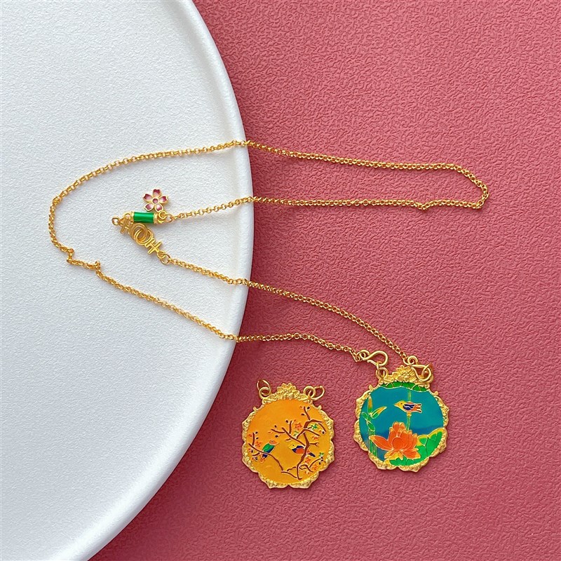 现货速发s古法银镀金烧蓝喜上眉梢吊坠七圣宝莲福禄挂坠毛衣链挂 - 图1