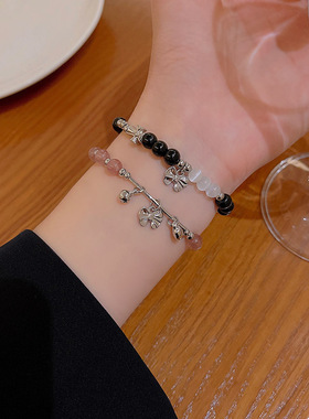 ins潮小众蝴蝶结串珠情侣手錬女夏季闺蜜草莓晶珠子猫眼石手饰