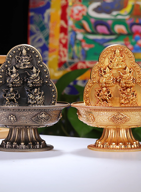 纯铜水陆供西藏式五路财神摆件绿黄白红黑财申供奉密宗摆件供水碗